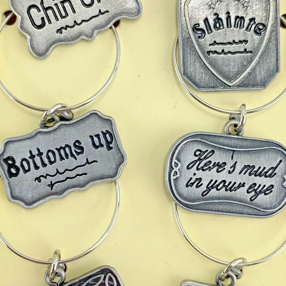 Past Times Wine Charms Set of 6 Silver Tone Metal‎ Wit and Wisdom New in Box